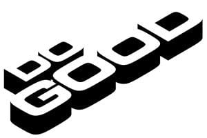 Three-dimensional white text with black sides that reads 'Do good' in capitals. 