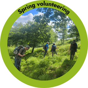 Circle image of four volunteers on a grassy hill with trees. There is a green border with title 'spring volunteering'.