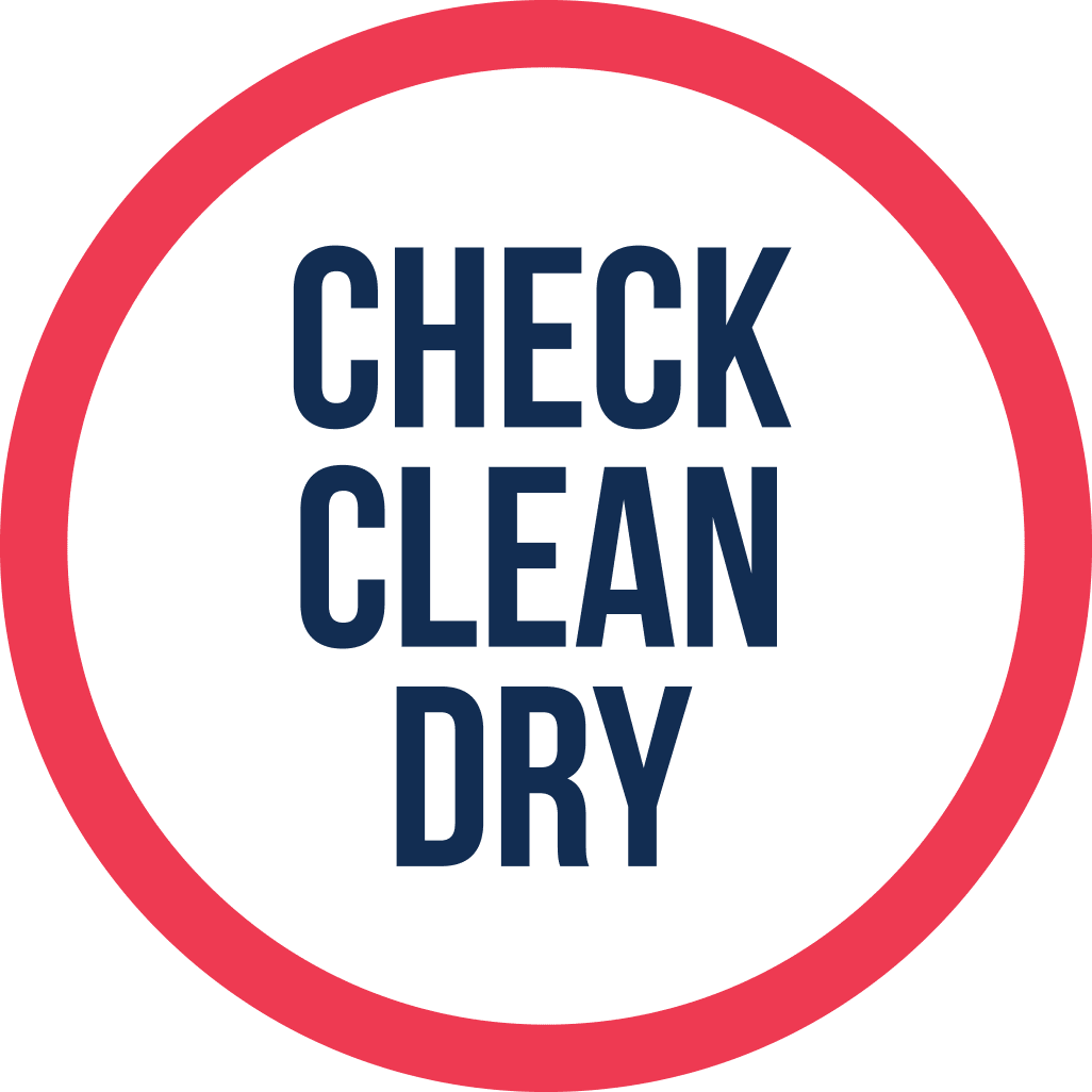 Red circle with 'Check Clean Dry' written in the middle
