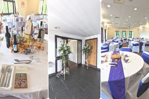 A collage of wedding decorations including a table with wine bottles and floral centrepiece, floral pedestals by a door, and circular tables with blue table runners.